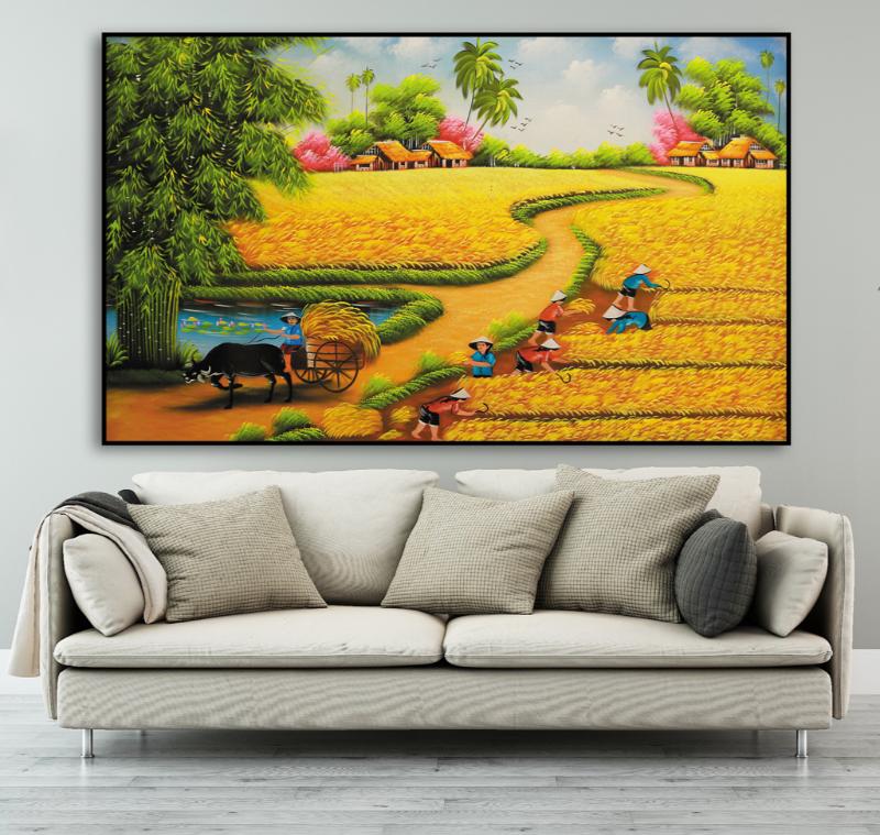 Tranh 3D phòng khách cánh đồng lúa vàng và con đường làng mộc mạc