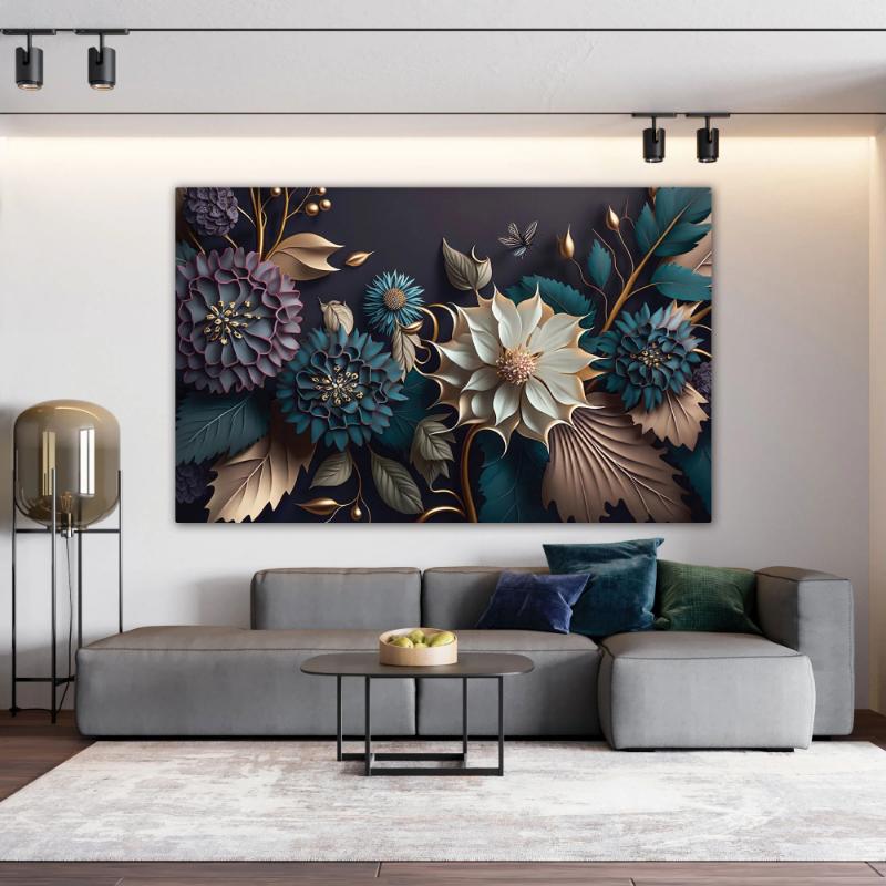 Tranh 3D phòng khách hoa lá nhiệt đới tông xanh ánh kim nổi bật