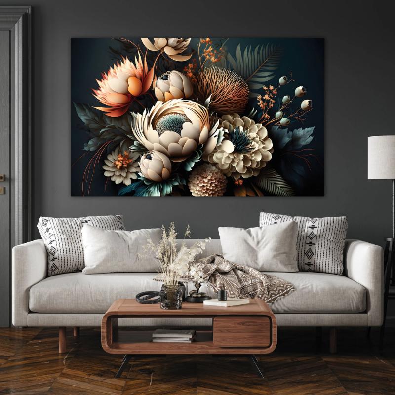 Tranh 3D phòng khách hoa nghệ thuật trừu tượng nền đen sang trọng
