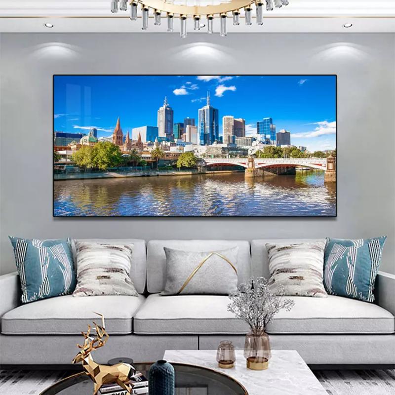 Tranh 3D phòng khách phong cảnh cầu bắc qua sông trong ánh nắng ban mai