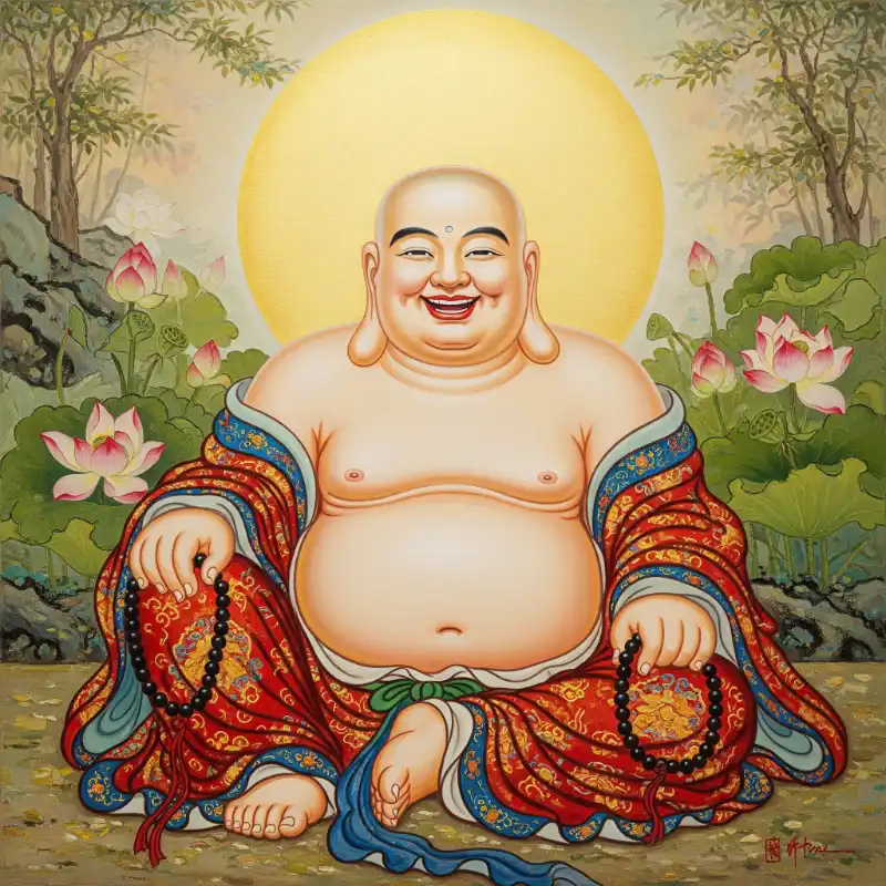 Tranh Phật 1. Tranh Phật Di Lặc hoan hỷ ngồi giữa hồ sen thanh tịnh.