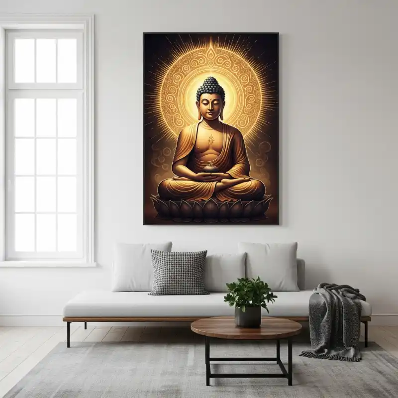 Tranh Phật 12. Tranh Phật Thích Ca Mâu Ni bằng vàng treo tường phòng khách.