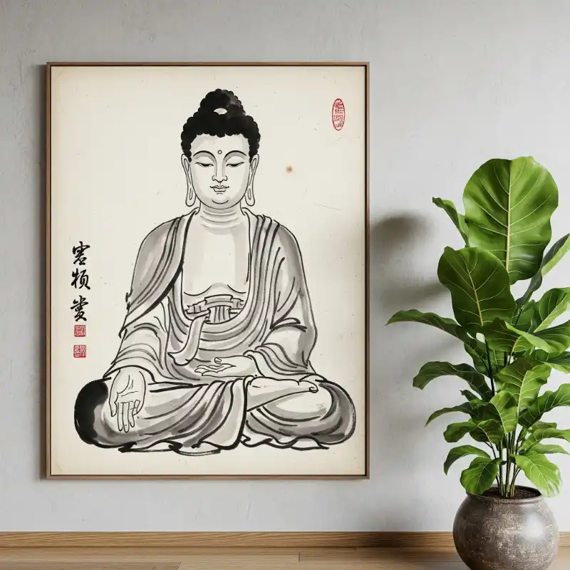 Tranh Phật 14. Tranh Phật A Di Đà vẽ mực tàu kèm thư pháp.