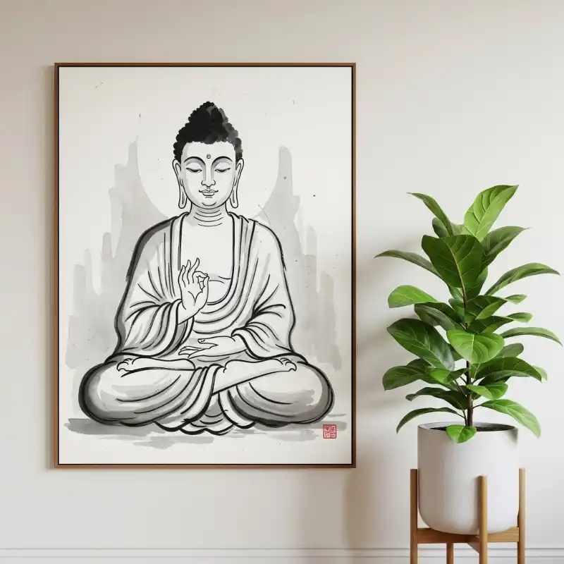 Tranh Phật 15. Tranh Phật Thích Ca Mâu Ni vẽ mực tàu với thủ ấn Chuyển Pháp Luân.