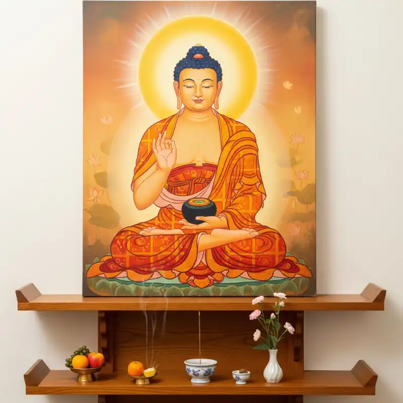 Tranh Phật 16. Tranh Phật A Di Đà ngồi thiền trên đài sen, đặt trên bàn thờ.
