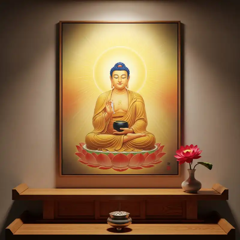 Tranh Phật 17. Tranh Phật Thích Ca Mâu Ni bằng vàng thờ tại gia.