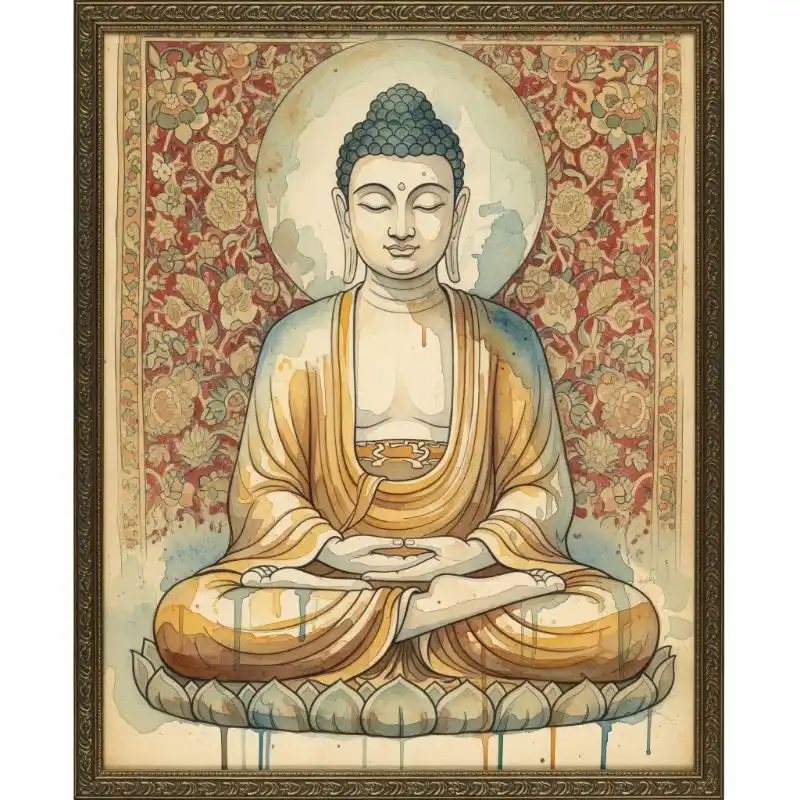 Tranh Phật 52. Tranh Phật màu nước trên nền hoa văn cổ điển.