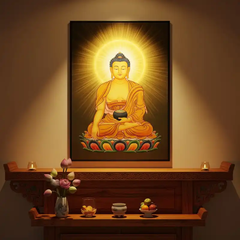 Tranh Phật 18. Không gian thờ cúng ấm cúng với Tranh Phật A Di Đà.