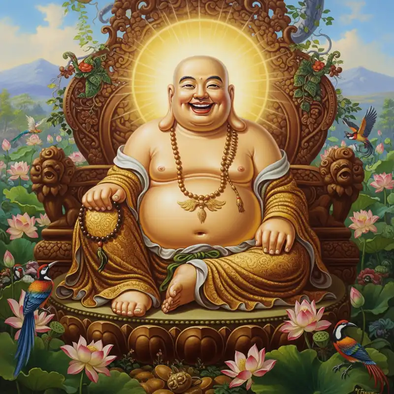 Tranh Phật 2. Tranh Phật Di Lặc ngồi trên ngai vàng, nụ cười an lạc.