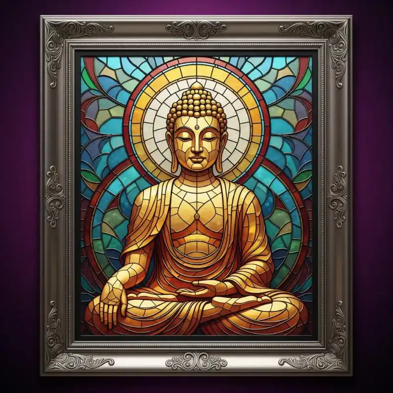 Tranh Phật 55. Tranh Phật bằng vàng theo phong cách kính ghép màu.