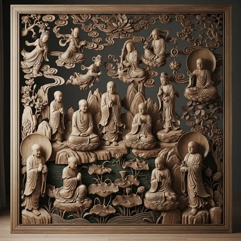 Tranh Phật 20. Phù điêu gỗ Tranh Phật và các vị La Hán.