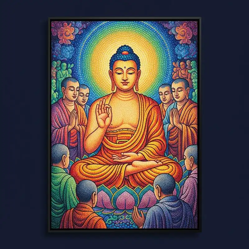 Tranh Phật 56. Tranh Phật Thích Ca thuyết pháp vẽ theo trường phái điểm họa.