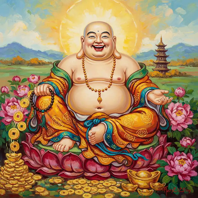 Tranh Phật 33. Tranh Phật Di Lặc và tiền vàng, biểu tượng của sự sung túc.
