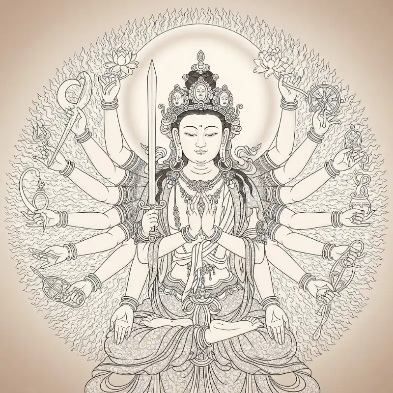 Tranh Phật 5. Tranh Phật Mẫu Chuẩn Đề Bồ Tát vẽ nét đơn sắc tinh tế.