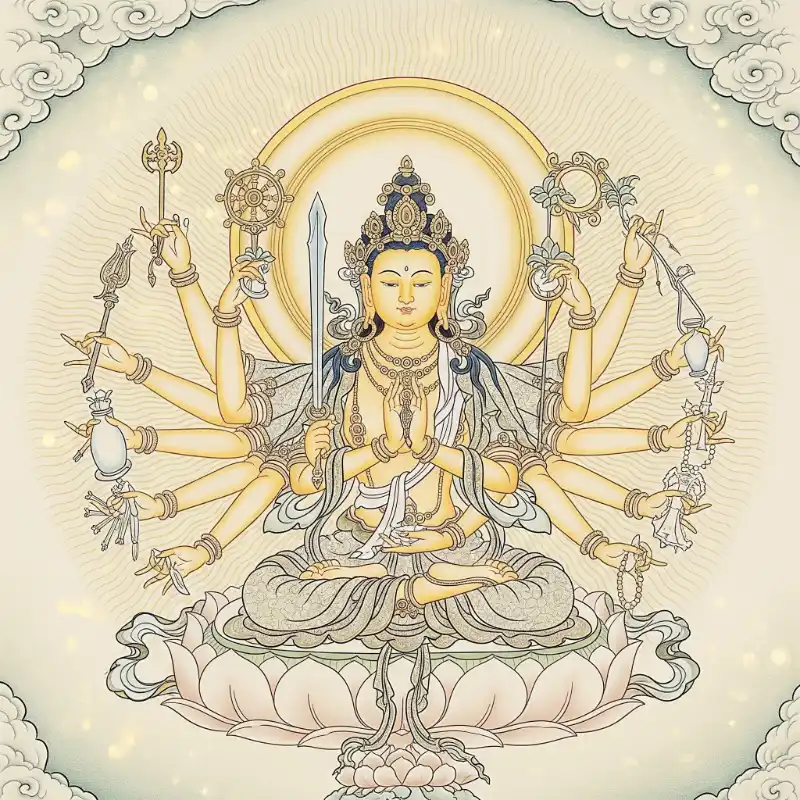 Tranh Phật 6. Tranh Phật Mẫu Chuẩn Đề Bồ Tát tô màu nhẹ nhàng, thanh thoát.
