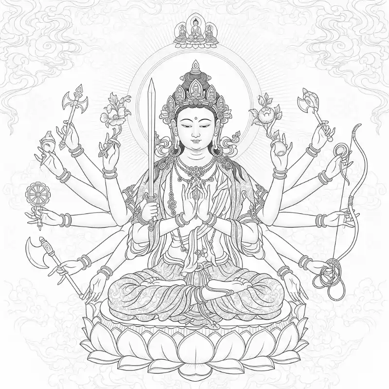 Tranh Phật 7. Bản vẽ Tranh Phật Mẫu Chuẩn Đề Bồ Tát và các pháp khí.