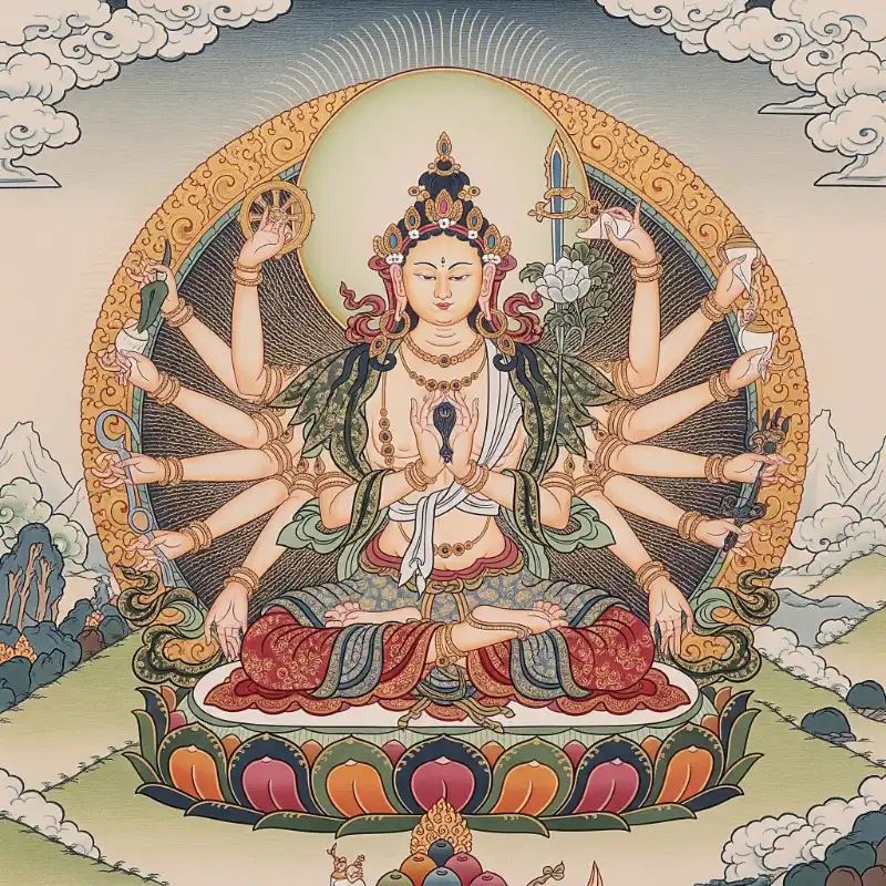 Tranh Phật 8. Tranh Phật Mẫu Chuẩn Đề Bồ Tát theo phong cách Thangka Tây Tạng.