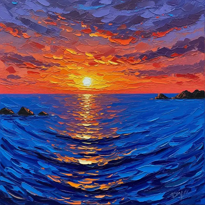 Tranh phong cảnh biển hoàng hôn rực rỡ với kỹ thuật impasto và màu sắc tương phản.