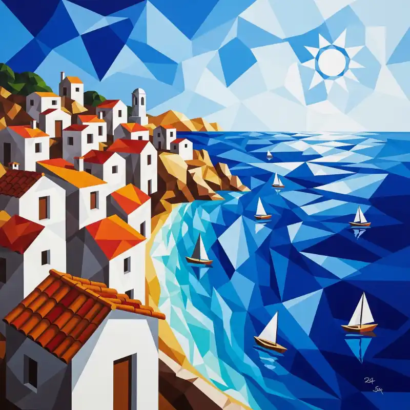 Tranh phong cảnh biển làng chài ven biển theo trường phái lập thể độc đáo, tươi sáng.