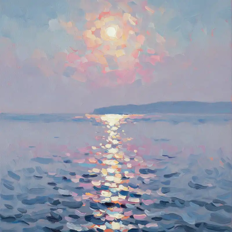 Tranh phong cảnh biển buổi sớm mờ sương với gam màu pastel thơ mộng, ấn tượng.