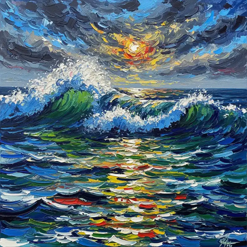 Tranh phong cảnh biển sóng lớn cuộn trào, kỹ thuật sơn dầu đắp nổi sống động.