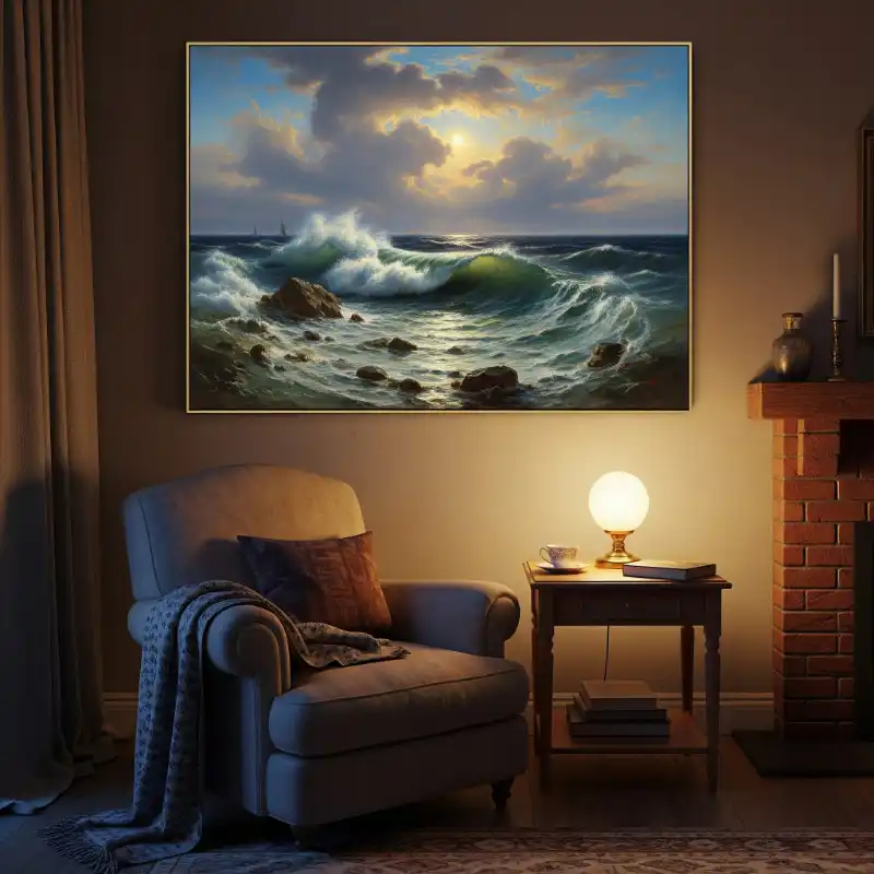 Tranh phong cảnh biển cổ điển tả thực, mang lại vẻ đẹp sang trọng cho nội thất.