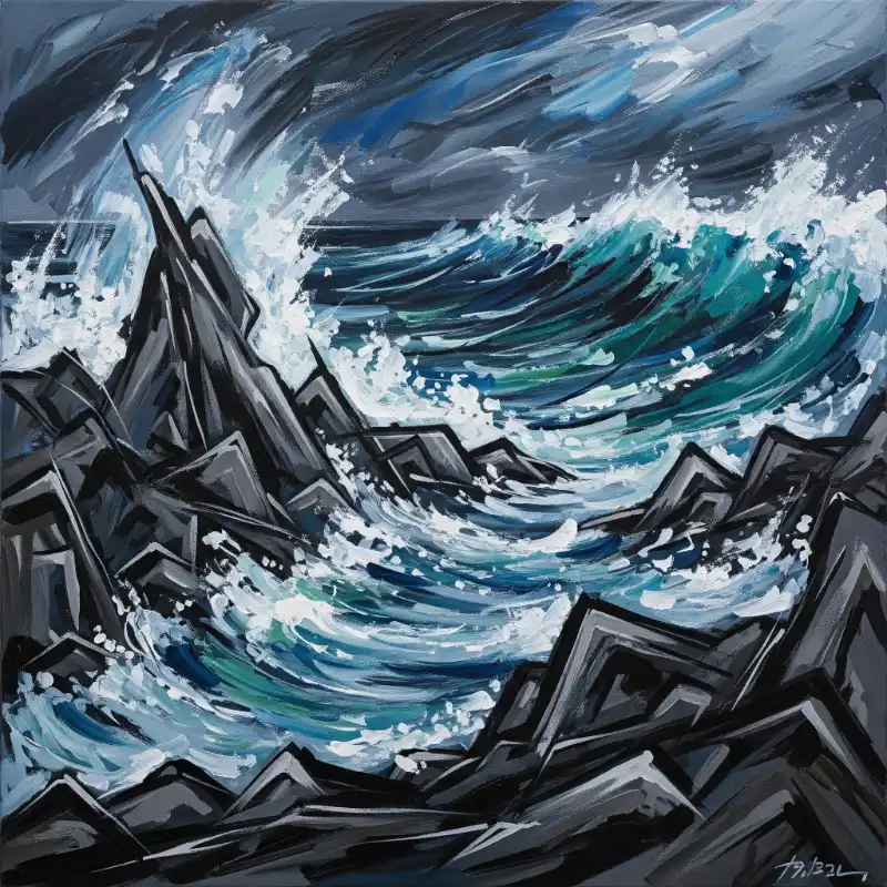 Tranh phong cảnh biển sóng vỗ ghềnh đá dữ dội, thể hiện sức mạnh của tự nhiên.