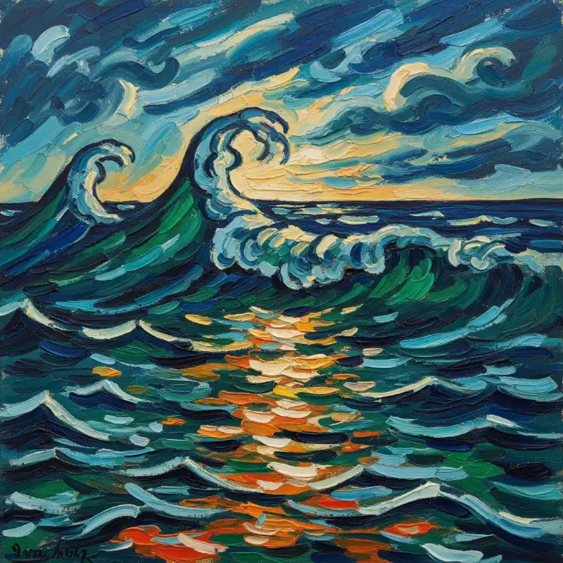 Tranh phong cảnh biển về đêm với sóng cuộn trào theo phong cách hội họa ấn tượng.