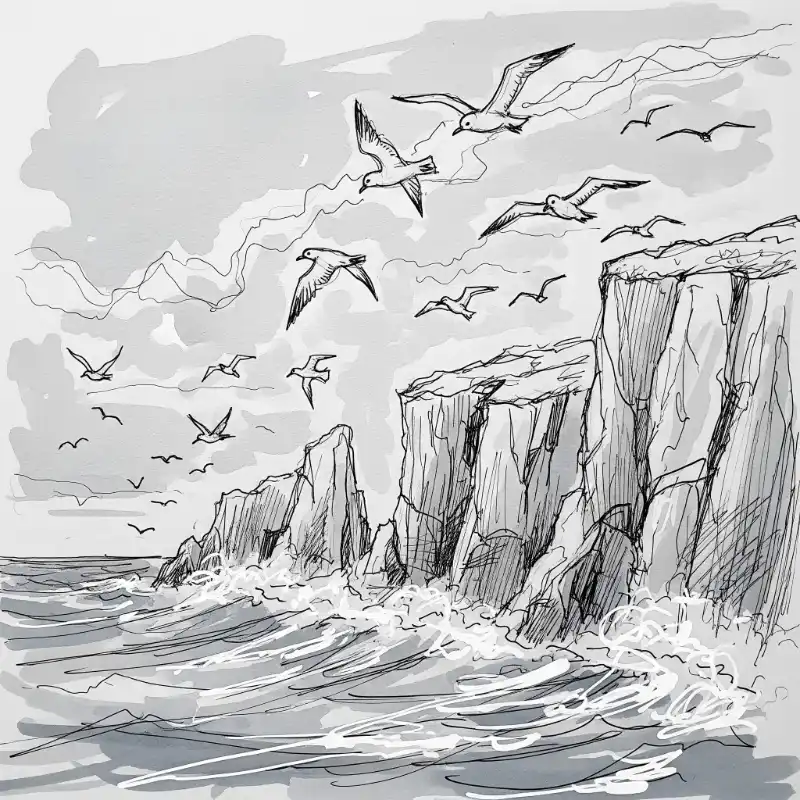 Tranh phong cảnh biển phác thảo đàn hải âu bay lượn trên vách đá đầy tự do.