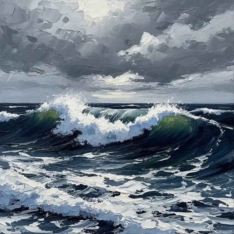 Tranh phong cảnh biển ngày bão tố, kỹ thuật đắp nổi khắc họa con sóng kịch tính.