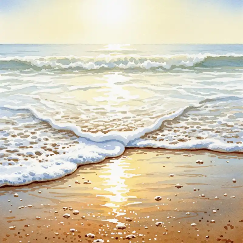 Tranh phong cảnh biển bình minh trên bãi cát với ánh nắng vàng ấm áp, lung linh.