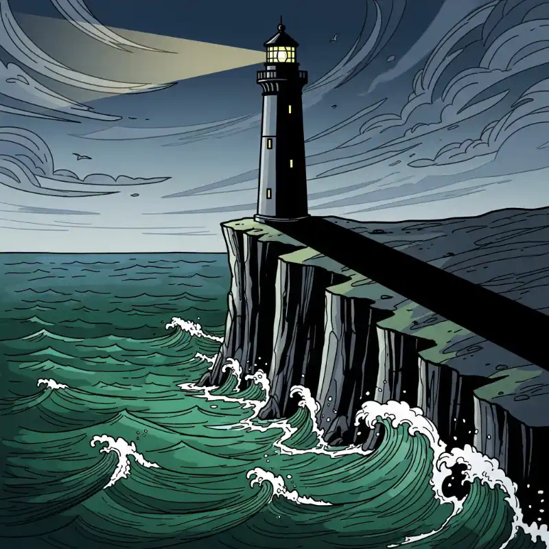 9. Tranh phong cảnh biển đêm và ngọn hải đăng theo phong cách đồ họa hiện đại, mạnh mẽ.
