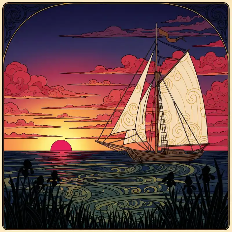 Tranh phong cảnh biển hoàng hôn và thuyền buồm theo phong cách Art Nouveau tinh xảo.