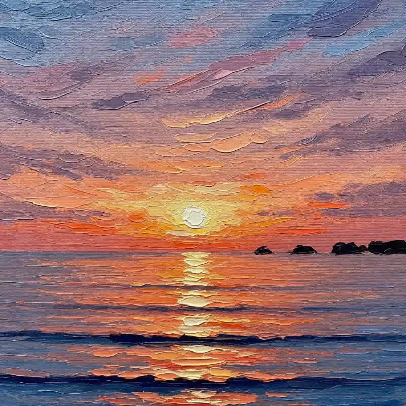 Tranh phong cảnh biển hoàng hôn yên bình, kỹ thuật sơn dầu đắp nổi lãng mạn.