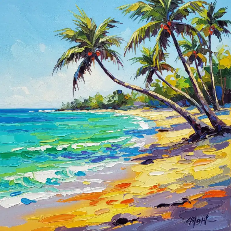 Tranh phong cảnh biển nhiệt đới với bãi cát và hàng dừa, kỹ thuật đắp nổi tươi mới.