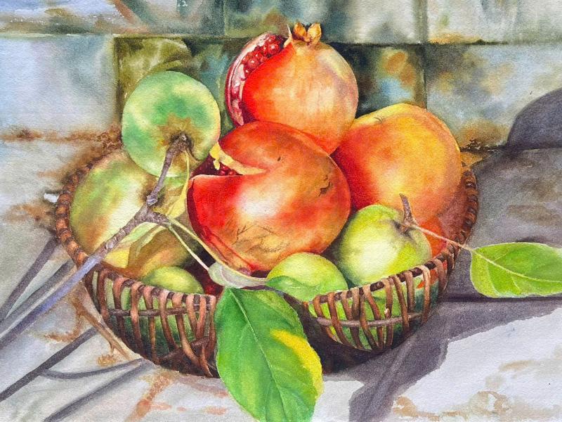 Tranh tĩnh vật hoa và quả với bảng màu tươi sáng, tạo cảm giác bình yên