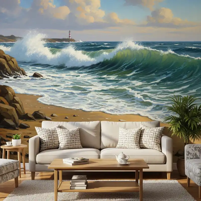 Tranh phong cảnh biển dán tường khổ lớn, mở rộng không gian với sóng và hải đăng.