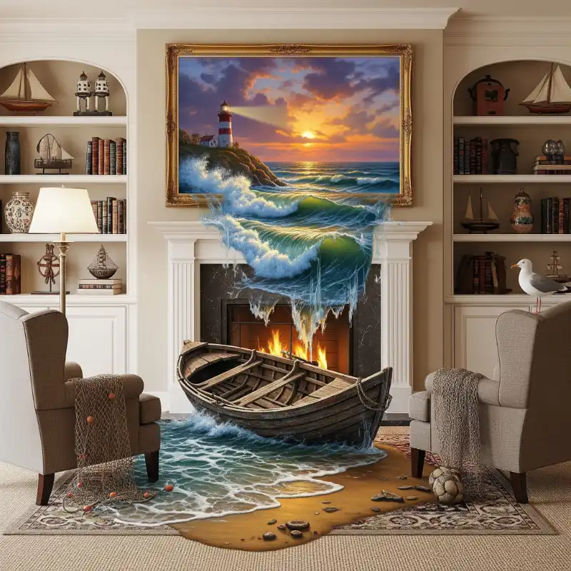 Tranh phong cảnh biển 3D độc đáo tạo ảo giác thuyền và biển tràn ra từ lò sưởi.