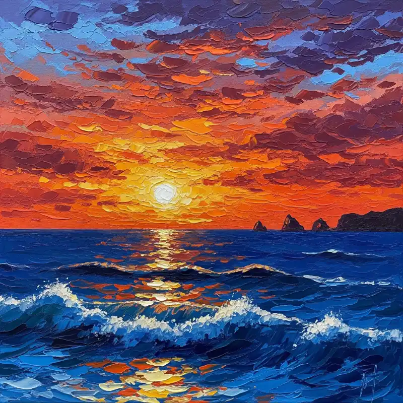 Tranh phong cảnh biển hoàng hôn rực lửa, kỹ thuật sơn dầu đắp nổi đầy cảm xúc.