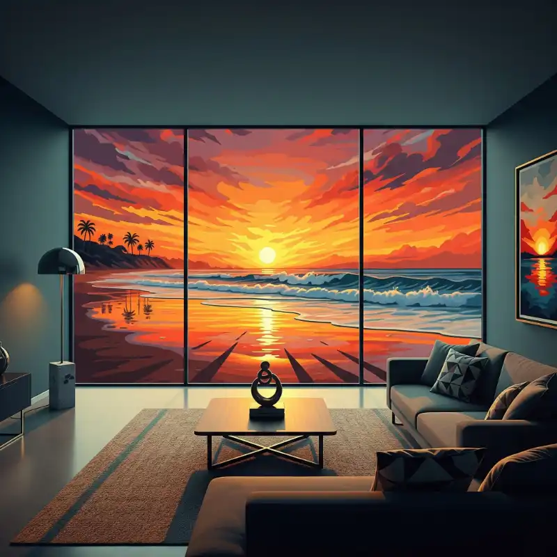 Tranh phong cảnh biển hoàng hôn qua khung cửa sổ, trang trí không gian sống hiện đại.