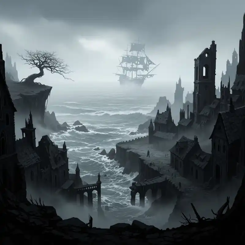 Tranh phong cảnh biển kỳ ảo với thành phố cổ và con tàu ma trong sương mù.