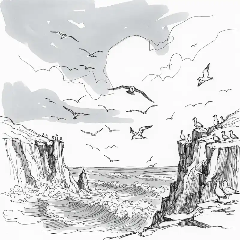 Tranh phong cảnh biển phác thảo mực tàu cảnh hải âu làm tổ trên vách đá hoang sơ.