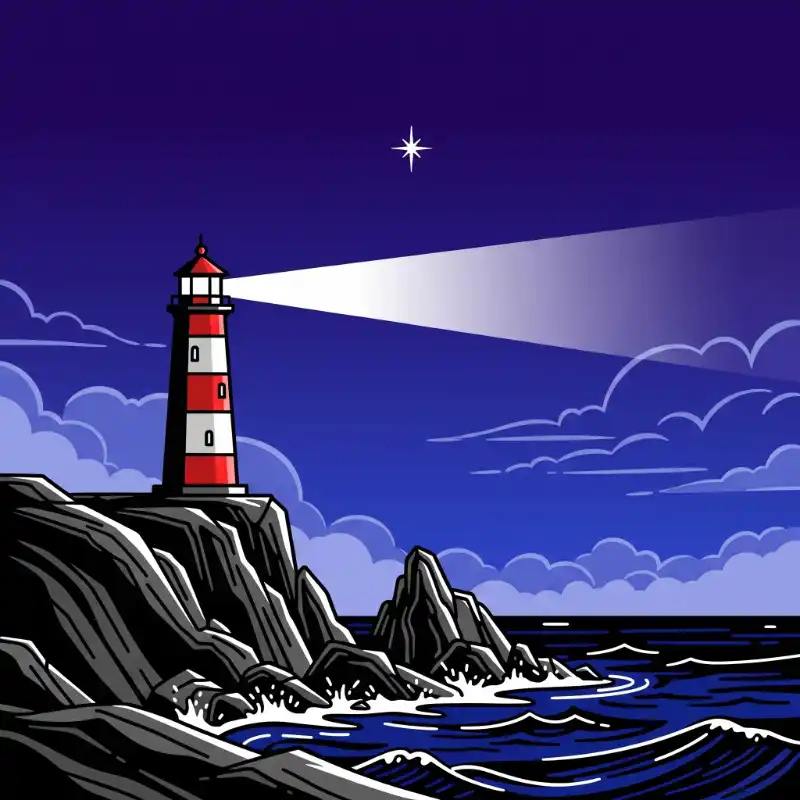 Tranh phong cảnh biển đêm và ngọn hải đăng theo phong cách đồ họa tối giản, ấn tượng.