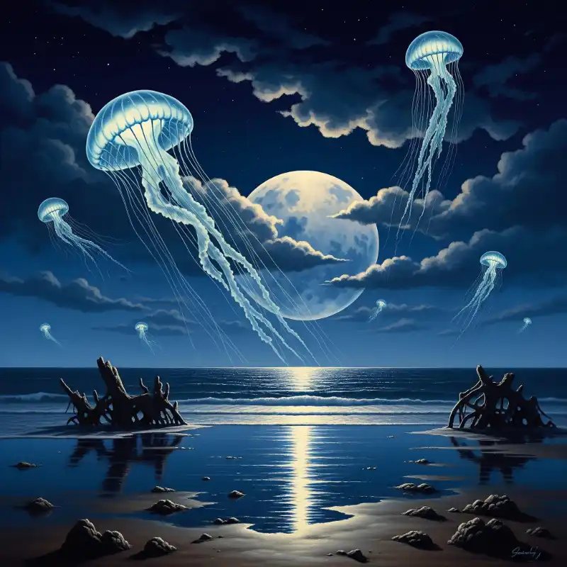 Tranh phong cảnh biển siêu thực với đàn sứa bay huyền ảo dưới ánh trăng đêm.
