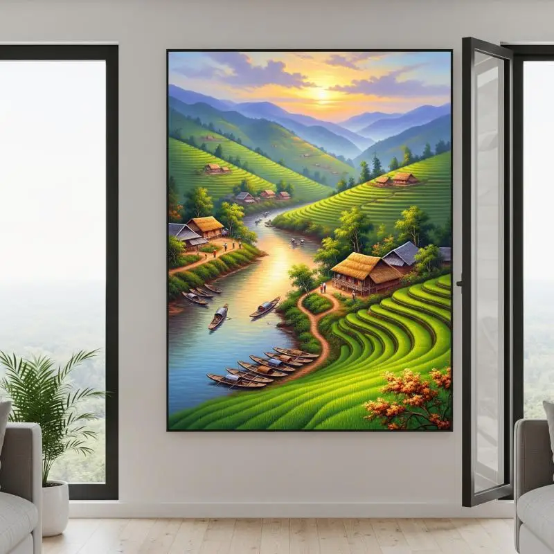 Tranh làng quê miền núi sông nước