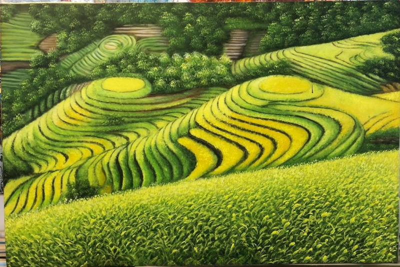 Tranh ruộng bậc thang đẹp được xây dựng với bố cục tầng lớp uốn lượn mềm mại