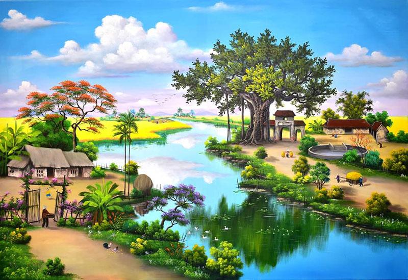 Tranh làng quê sơn dầu mộc mạc, làng quê