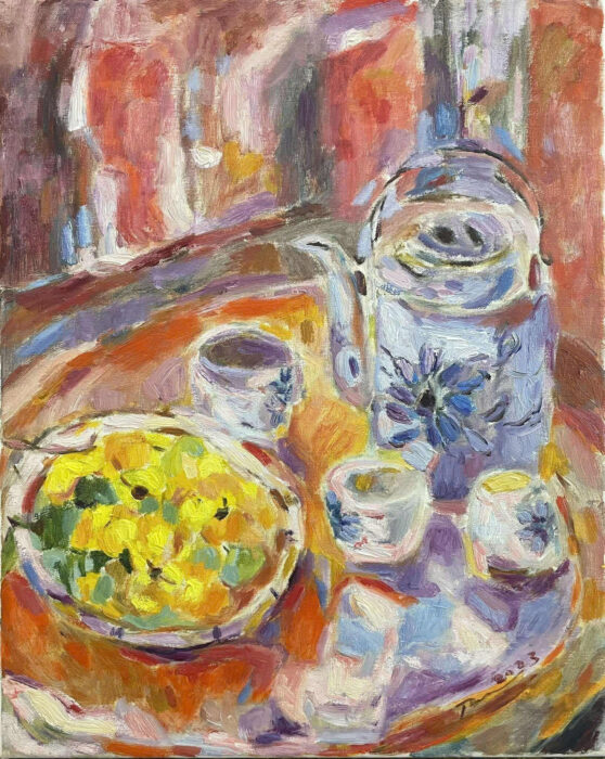 Tranh tĩnh vật bình trà và cốc