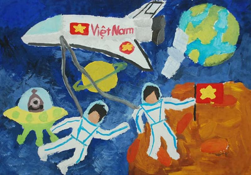 Bức tranh vẽ về ước mơ trở thành phi hành gia Việt Nam, khám phá vũ trụ và đưa hình ảnh đất nước vươn xa ra thế giới — thể hiện khát vọng lớn lao, lòng yêu nước và niềm tự hào dân tộc.