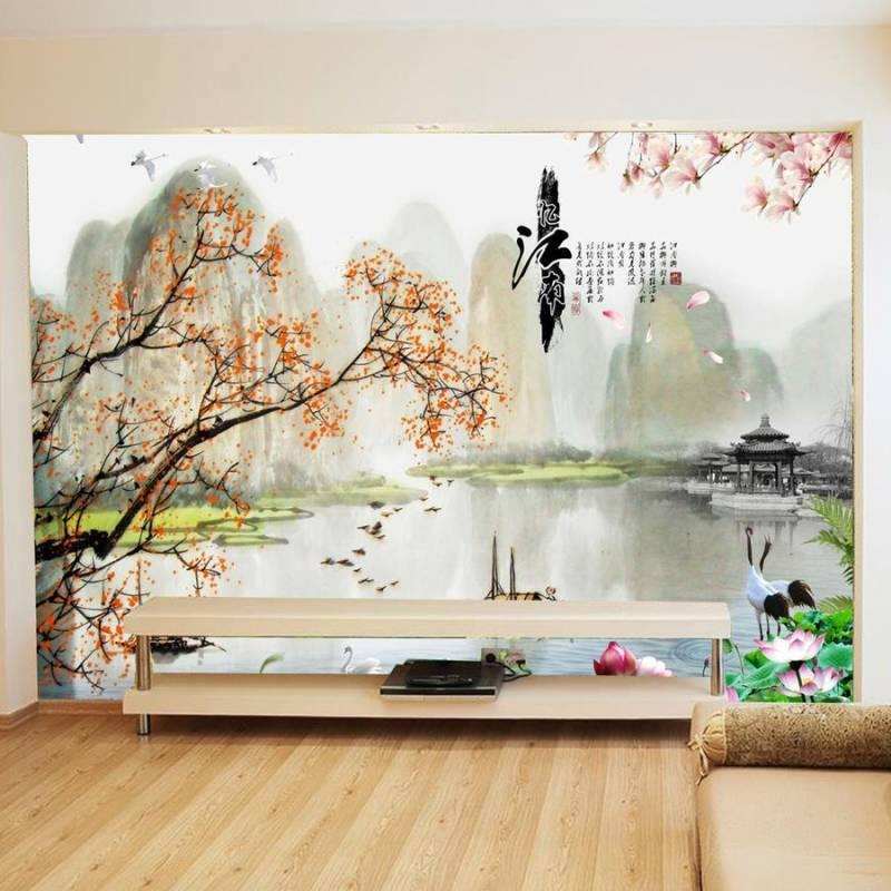 Tranh dán tường phong cảnh sơn thủy kết hợp thư pháp, mang lại sự thanh tịnh và nghệ thuật